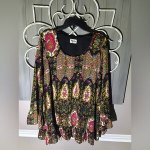 Show Me Your MuMu Black Floral Boho Multicolor Tunic/Mini Ruffle Dress, L